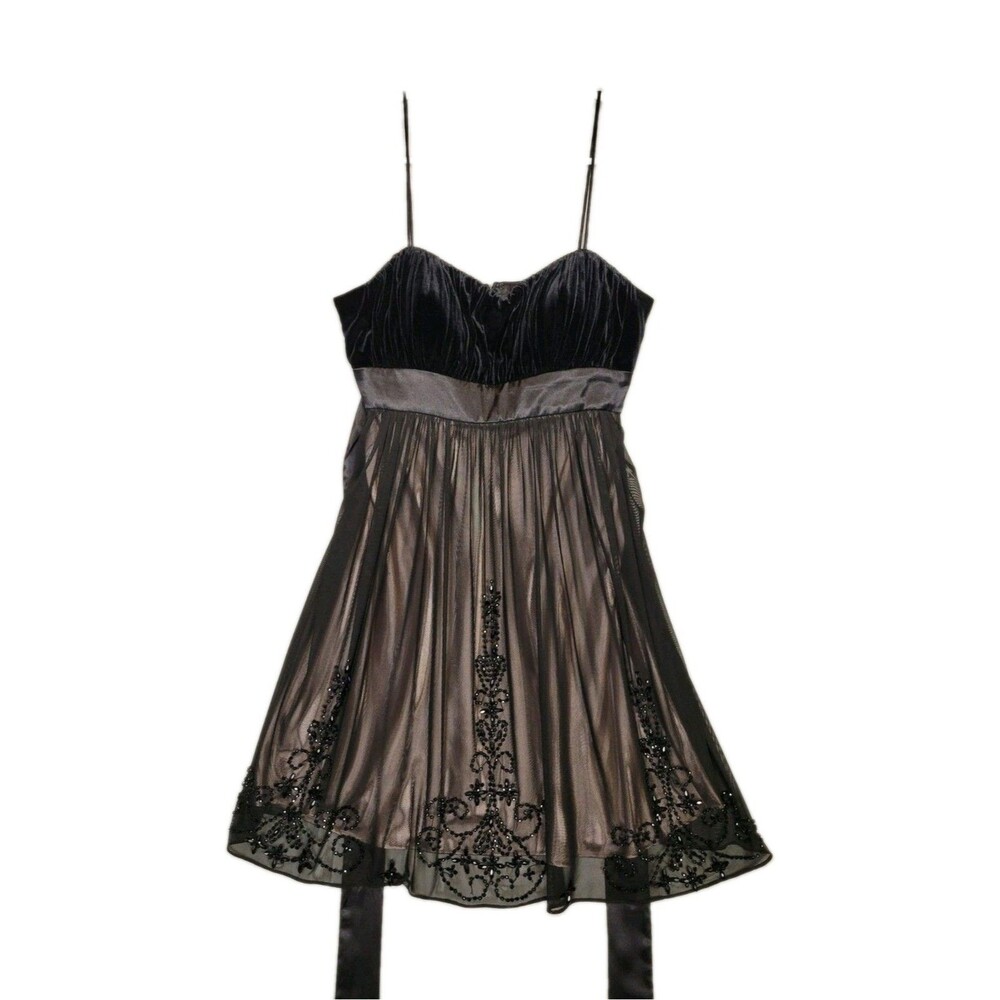 90s Y2K Fairy Grunge Hoco Mini Dress Sz 10P Empire Velvet Top Mesh Black Beaded